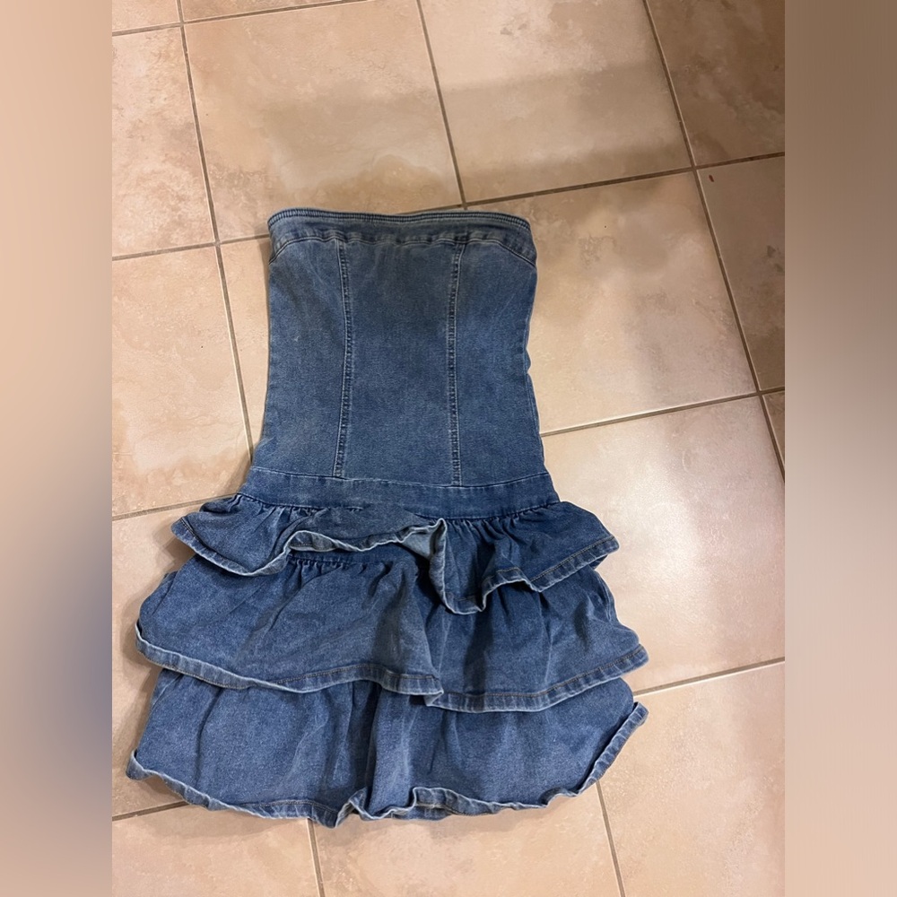 SHEIN Blue Strapless Ruffled Denim Mini Dress